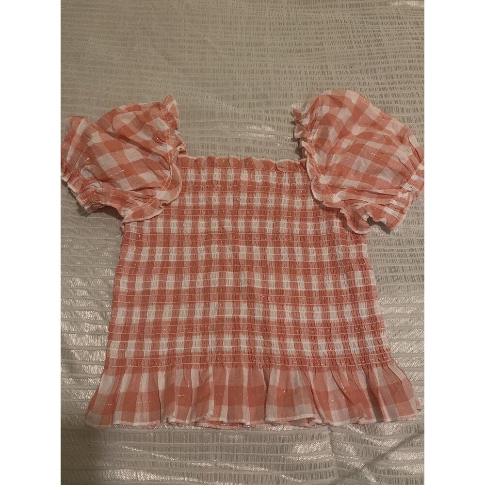 Plaid Orange and White Multi Wear On and Off Shoulder Kids Shirt Size 14